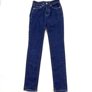 &DEMIN Button Fly Jeans Womens Size 28 Long Skinny Blue Dark Wash High Rise NWOT